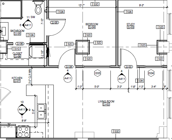 A floor plan of a house with a living room, study, bedroom, bathroom, and kitchen.